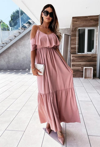 Pink Tiered Cold Shoulder Strappy Maxi Dress