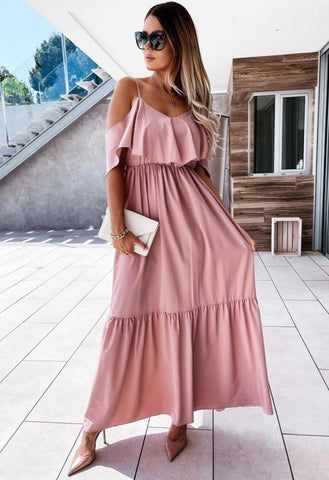 Pink Tiered Cold Shoulder Strappy Maxi Dress