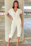 White Short Sleeve Tie Waist Jumpsuit