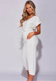 White Short Sleeve Tie Waist Jumpsuit