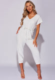 White Short Sleeve Tie Waist Jumpsuit