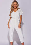 White Short Sleeve Tie Waist Jumpsuit