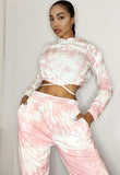 Pink White Tie Dye Cropped Hoodie & Jogger Lounge Set