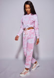 Pink White Tie Dye Cropped Hoodie & Jogger Lounge Set