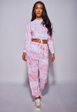 Pink White Tie Dye Cropped Hoodie & Jogger Lounge Set