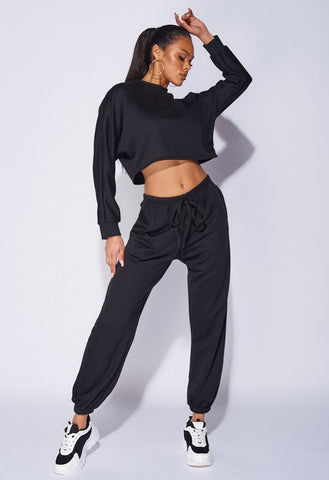 Black Oversized Batwing Sleeve Crop Top And Jogger Lounge Set