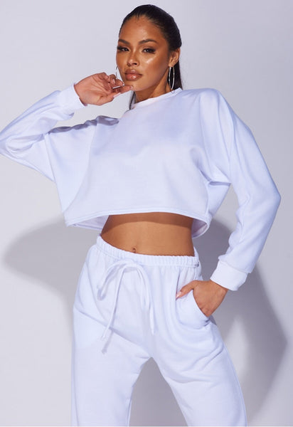 White Oversized Batwing Sleeve Crop Top And Jogger Lounge Set