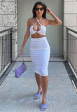 White Keyhole Halterneck Crop Top & Midi Skirt