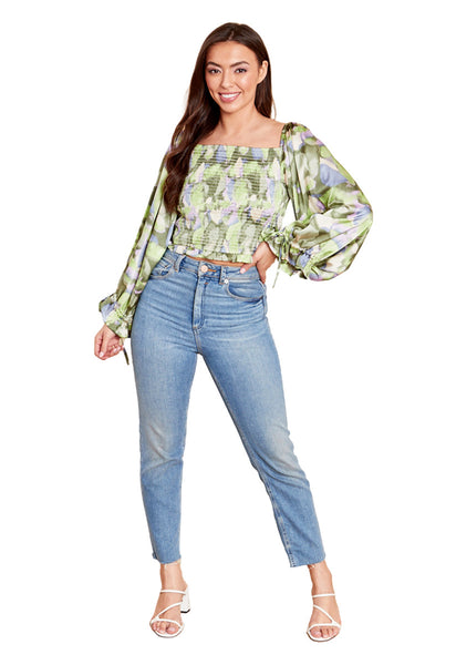 Green Off The Shoulder Cropped Satin Top